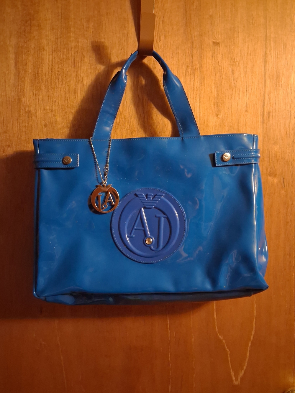 Armani Jeans Royal Blue Patent Tote with Logo Charm